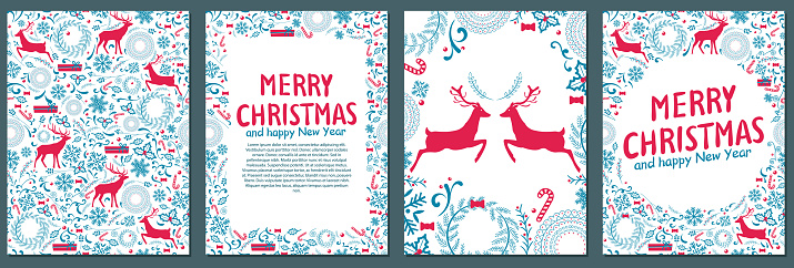 Merry Christmas card. Vector illustration. The holiday card had lettering Happy New Year 2024 in bright red The Christmas tree was adorned with deer and red ornaments The festive poster announced