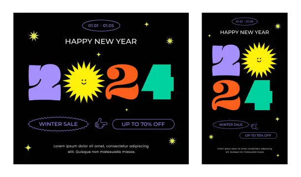 Vector illustration of 2024 Happy New Year banner. Abstract geometric hipster cool background. Marketing event. Website layout template set. Modern colorful collage style. Retro design. Trendy flat vector illustration.