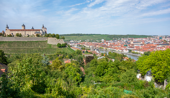 Aerial view of Wuerzburg, a city in the Franconia region in Bavaria, Germany, at summer time