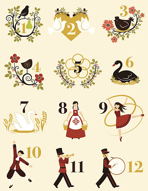 illustrazioni stock, clip art, cartoni animati e icone di tendenza di i dodici giorni di natale - the twelve days of christmas