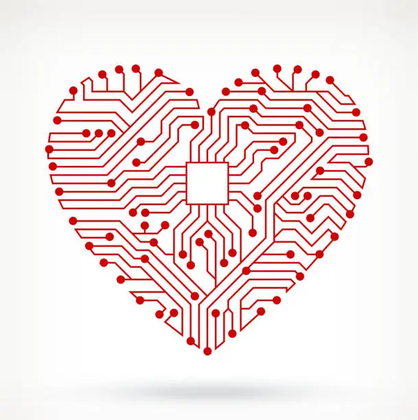 Vector illustration of Illustration of red heart out of circuit board symbols.
