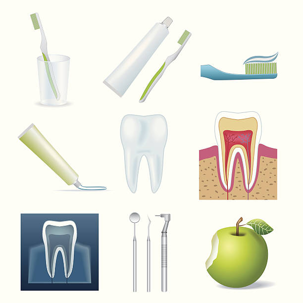 dental icon-set - human teeth dental equipment three dimensional shape technology stock-grafiken, -clipart, -cartoons und -symbole