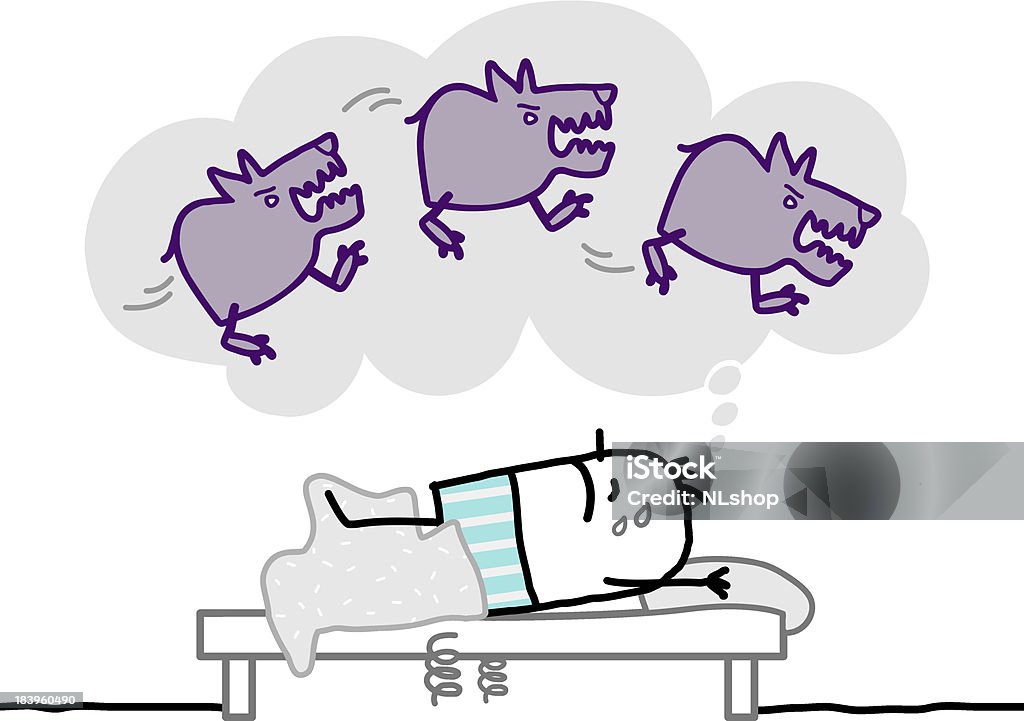 sleeping man and bad dream vector hand drawn cartoon characters - sleeping man and bad dream Bed - Furniture stock vector