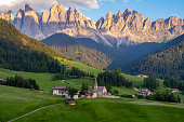 Beautiful landscape of Italian dolomites Santa Magdalena Val Di Funes Italy