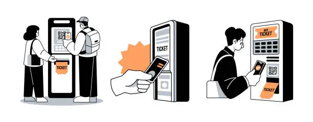 Vector illustration of Ticket Kiosk Contactless Payment Buying Tickets Vector Illustrations Set