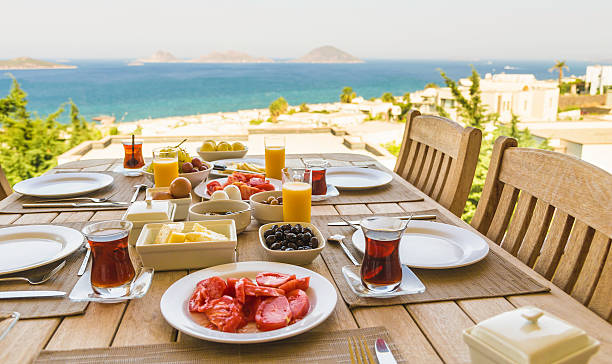 Turkish tea and Mediterranean breakfast stock photo