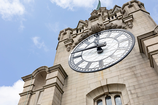 Liverpool, united kingdom May, 16, 2023 View of the iconic Royal Liver Building clock face in Liverpool, UK