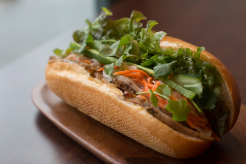 Closeup of a Vietnamese Banh mi sub sandwich
