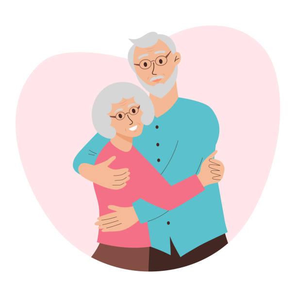 Senior Couple Hugging. Elderly woman and man embrace, support and take care each other. Cartoon flat vector illustration. Senior Couple Hugging. Elderly woman and man embrace, support and take care each other. Cartoon flat vector illustration. human interest stock illustrations