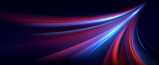 Neon red and blue speed lines. Speed ​​of acceleration and movement. Light trails, motion blur effect. Night illumination in blue and red
