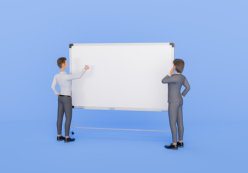 3D rendering of a stylized character businessman writing on a whiteboard while a businesswoman observes, set against a blue background, depicting a strategic planning or brainstorming session.
