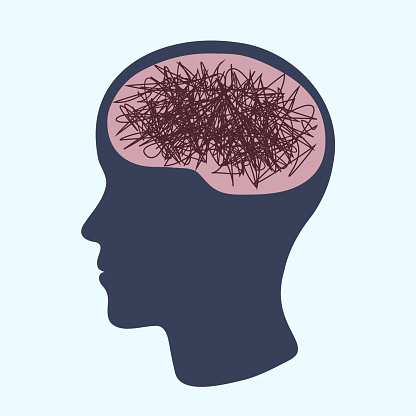 human head silhouette in flat vector style. minimalistic view of the head in profile instead of the brain, chaotic shading. concept or metaphor of confusion, absent-mindedness, cognitive distortion