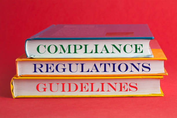 Compliance Regulations Guidelines Books with words compliance, regulations and guidelines on red background. compliance stock pictures, royalty-free photos & images