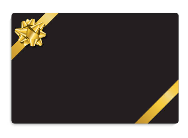 Black gift card with metallic gold ribbon Black vector gift card with metallic gold ribbon on white background gift certificate stock illustrations