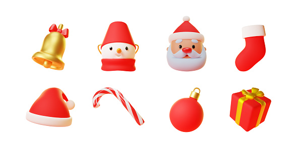 Realistic illustration of cute Christmas decorations and characters such as a Santa Claus, a snowman, a candy cane isolated on a white background. Vector 10 EPS.