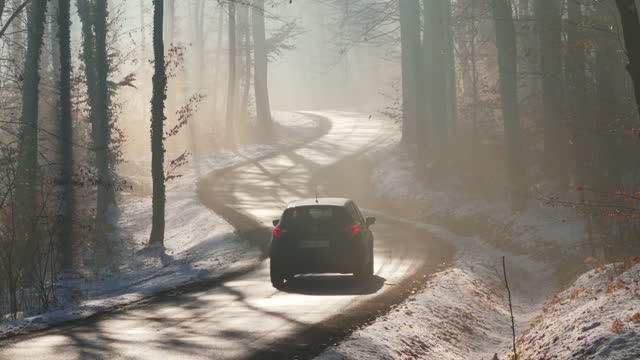 Drone Shot of Car Driving Through Winding Road Amidst Sunlit Autumn Trees in Snowy Forest