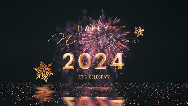Loop Happy New year 2024 Lets Celebrate Golden text with beautiful fireworks cinimatic title abstract background. New year themed background for celebrate event, winter Christmas
