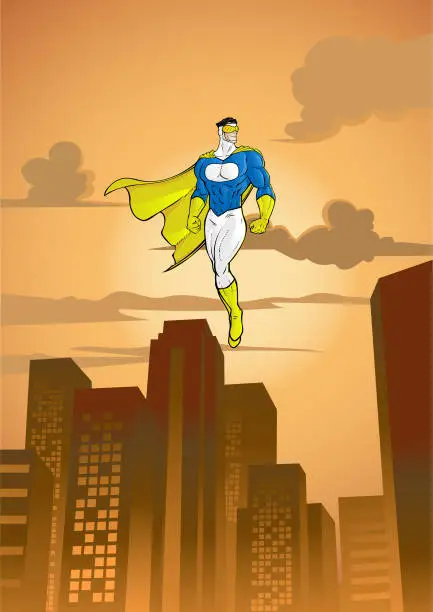 Vector illustration of Vector Cartoon Pop Art Superhero Flying Floating in the Air in a City Stock Illustration