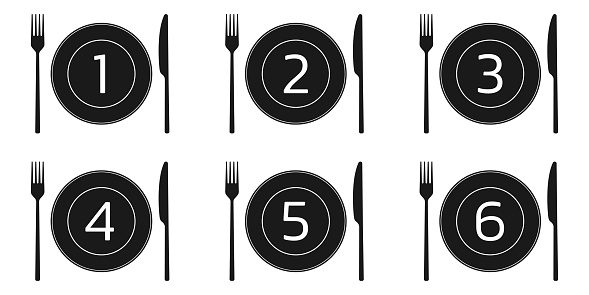 Dish portion number icon or sign with plate, fork and knife. 1,2,3,4,5,6 portions symbol. Vector illustration.