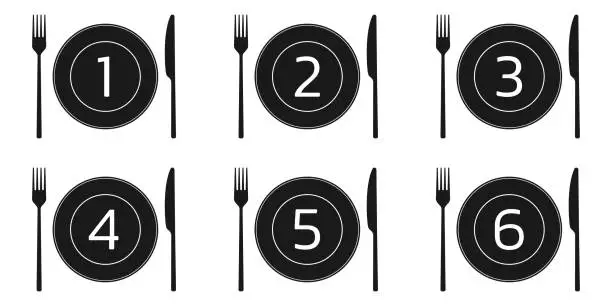 Vector illustration of Dish portion number icon or sign with plate, fork and knife. 1,2,3,4,5,6 portions symbol. Vector illustration.