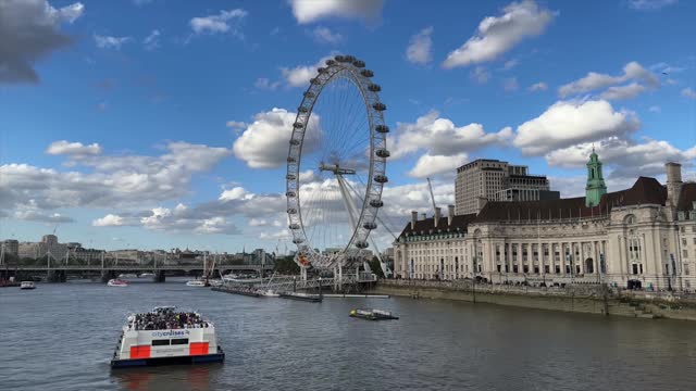 London Eye observation wheel and Thames river in London, England, UK