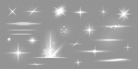 A set of light effects on a transparent background for advertising. Stars, breezes, lines, curls, dust, glitter explosion. Light effect for children's toys