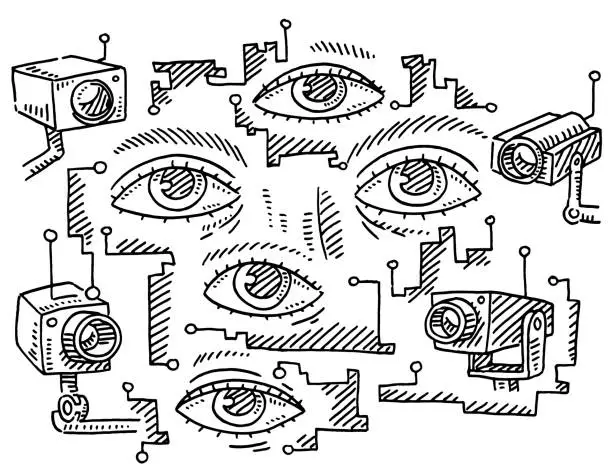 Vector illustration of Eyes Surveillance Cameras Concept Drawing