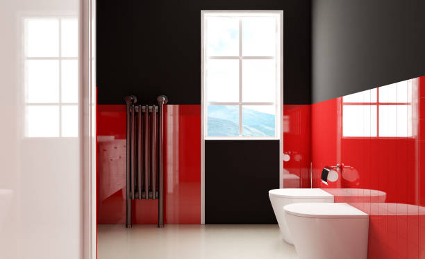 istock Spacious bathroom in gray tones with heated floors, freestanding tub. 3D rendering. 1839787591