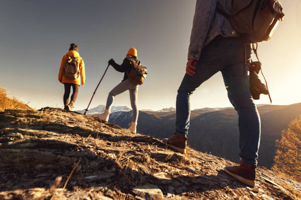 istock Three tourists hikers stands at view point 1839790374