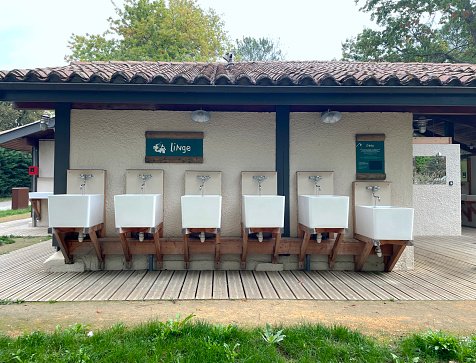 Washing facilities at a French campsite in Moncrabeau in France. October 2023