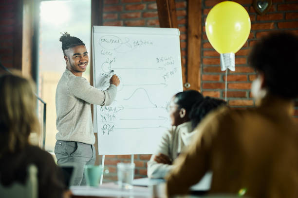 istock Black creative man leading a presentation in the office. 1839830781