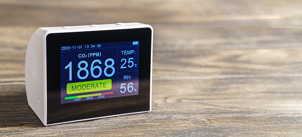 Home carbon dioxide meter closeup shot with copy space. CO2 monitoring