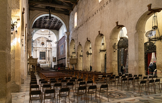 Syracuse, Sicily, Italy - February 16, 2023: Main nave and presbytery of Nativity of Holy Mary Cathedral at Piazza Duomo square on Ortigia island of Syracuse historic old town