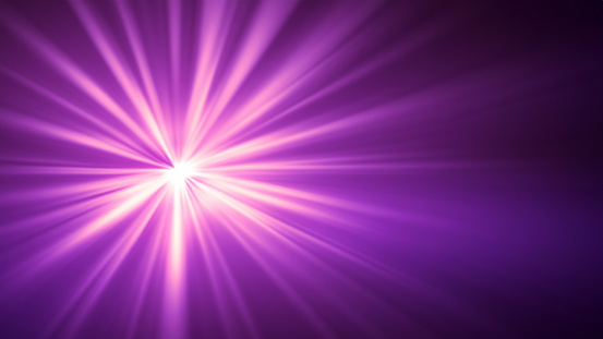 Purple flash light on dark background. Violet glowing light. Sun burst effect. Digital lens flare effect. Abstract purple background.