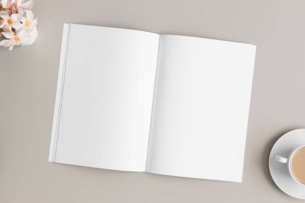 istock Open magazine mockup with a lyander on the beige table. 1839849127