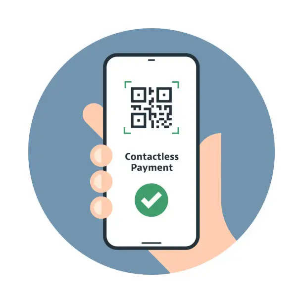 Vector illustration of Vector illustration of a hand holding a mobile phone with a QR code for mobile payment