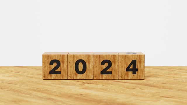 Starting New year. New year , new life, business, plan, goals, target and strategy concept. Wooden cube flips 2023 to 2024. 4k 3d animation