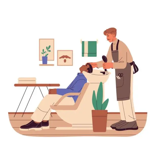 Vector illustration of Barbershop master with moustache wash client hair before haircut. Beauty salon worker with work equipments in apron. Professional barber shop care, grooming. Flat isolated vector illustration on white