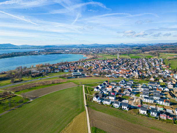 Aerial view from a drone over the city of Markelfingen and Radolfzell and Lake Constance on a sunny day in winter stock photo