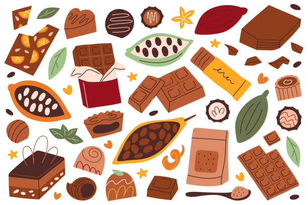 ilustrações de stock, clip art, desenhos animados e ícones de chocolate hand drawn collection, doodle icons of cocoa beans, chocolates, bars, chocolate candy, vector illustrations of sweet gifts for christmas - valentines day gift white background gift box