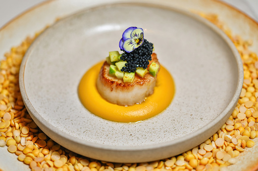 Gourmet scallop dish with edible flower and caviar garnish. Haute cuisine presentation.