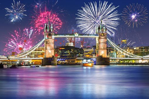 Fireworks display over the Tower Bridge in London, England