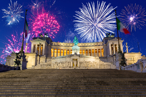 Fireworks display over the National Monument in Rome, Italy