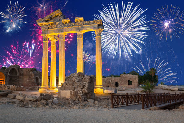 Fireworks display over the temple of Apollo in Side, Turkey