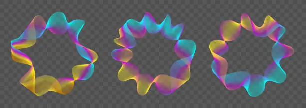 Vector illustration of 3d circular club music audio waves. Blurred and spotted curly neon blend frames. Spiral gold metal round rings. Striped line luxury patterns