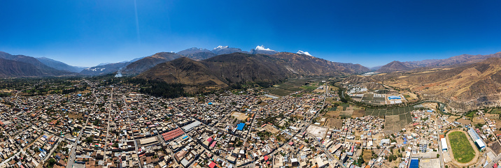 Aerial view of the town of Caraz, in the Ancash region, Peru. 360 view