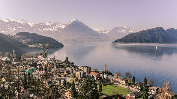 Aerial view of Lucerne lake stock photo