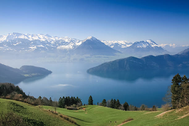 Aerial view of Lucerne lake Aerial view of Lucerne lake with Pennine Alps from mount Rigi geneva switzerland photos stock pictures, royalty-free photos & images