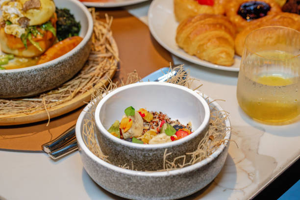 istock Gourmet breakfast served on table with variety. Culinary arts and eating out. 1839952744