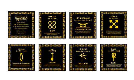 The Seven Principles of Kwanzaa signs. African American Christmas. 7 days of Kwanzaa set. Vector template for typography poster, banner, greeting card, postcard, flyer, etc